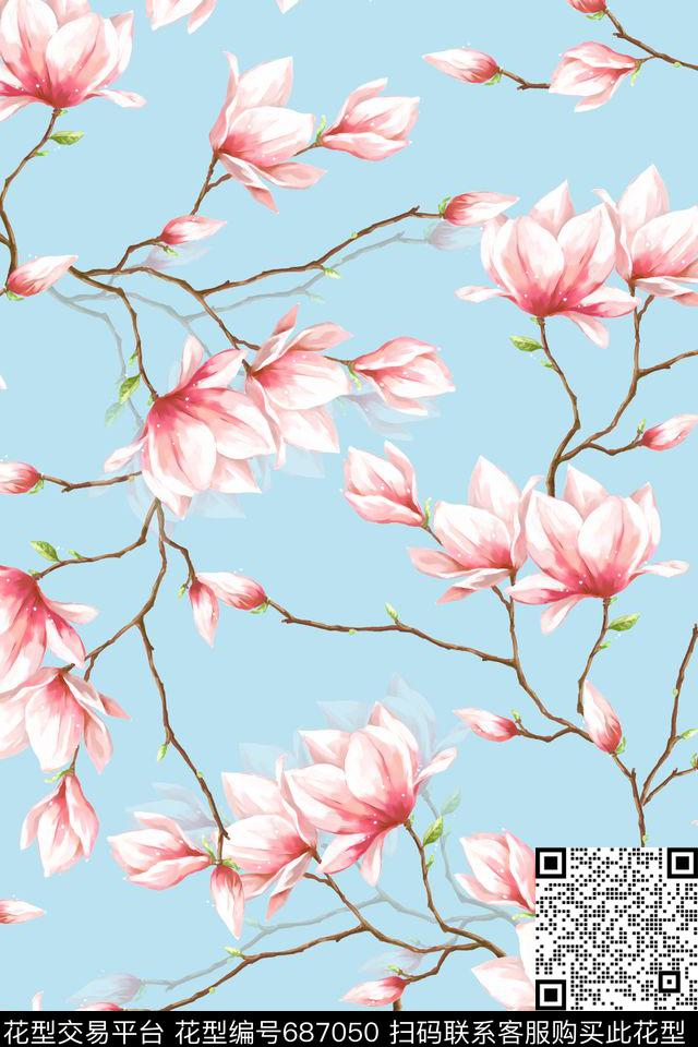 玉兰花乱花花卉数码印花华亿平台下载（图片编号: 687050） - 瓦栏（Walan）