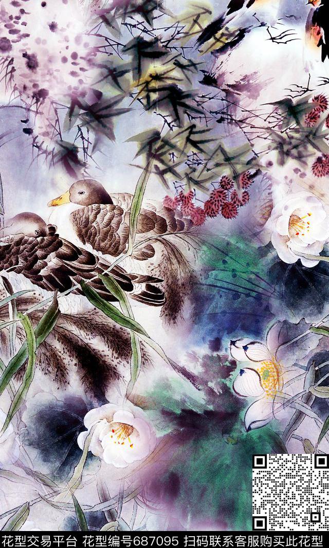 水彩花鸟时尚数码印花华亿平台下载（图片编号: 687095） - 瓦栏（Walan）
