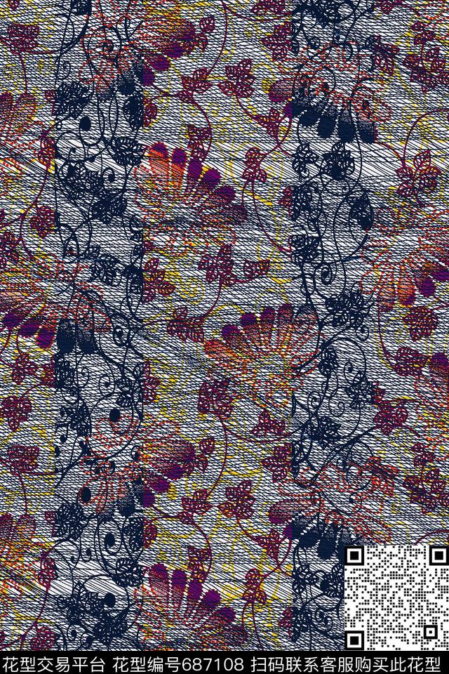 花卉纹理传统印花华亿平台下载（图片编号: 687108） - 瓦栏（Walan）