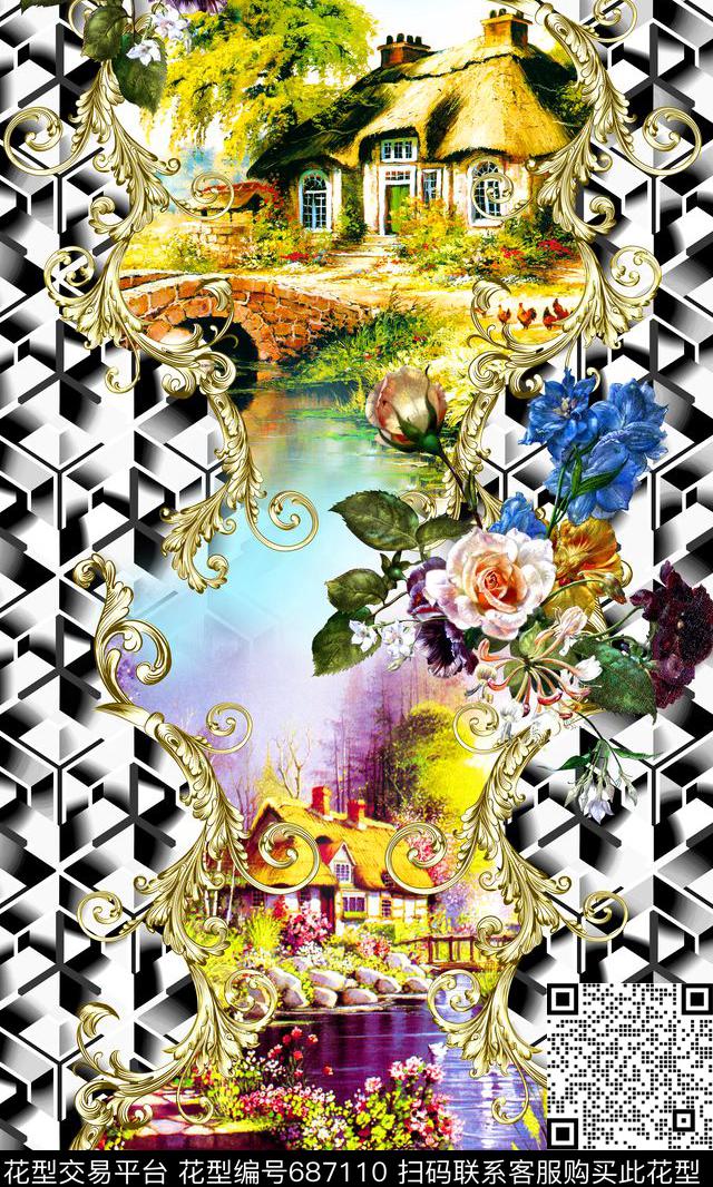 几何风景花卉数码印花华亿平台下载（图片编号: 687110） - 瓦栏（Walan）