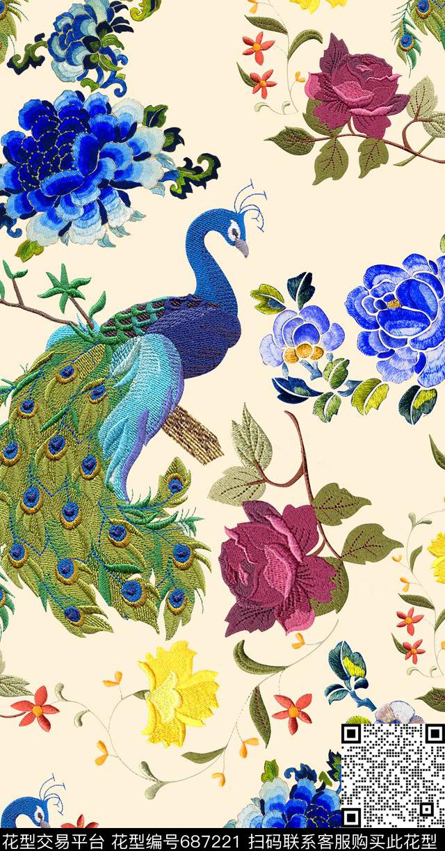 名宿手工刺绣刺绣凤凰花卉刺绣孔雀数码印花华亿平台下载（图片编号: 687221） - 瓦栏（Walan）