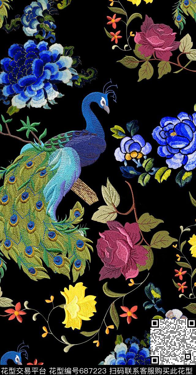 名宿手工刺绣刺绣凤凰花卉刺绣孔雀数码印花华亿平台下载（图片编号: 687223） - 瓦栏（Walan）