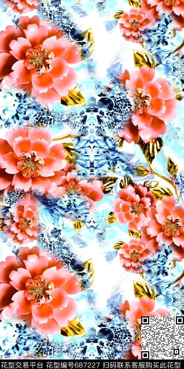 流行时尚抽象浮雕蕾丝牡丹数码印花华亿平台下载（图片编号: 687227） - 瓦栏（Walan）