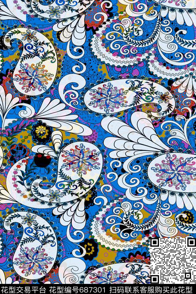 火腿花佩斯利腰果传统印花华亿平台下载（图片编号: 687301） - 瓦栏（Walan）