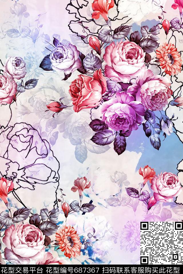 花朵大花花卉数码印花华亿平台下载（图片编号: 687367） - 瓦栏（Walan）