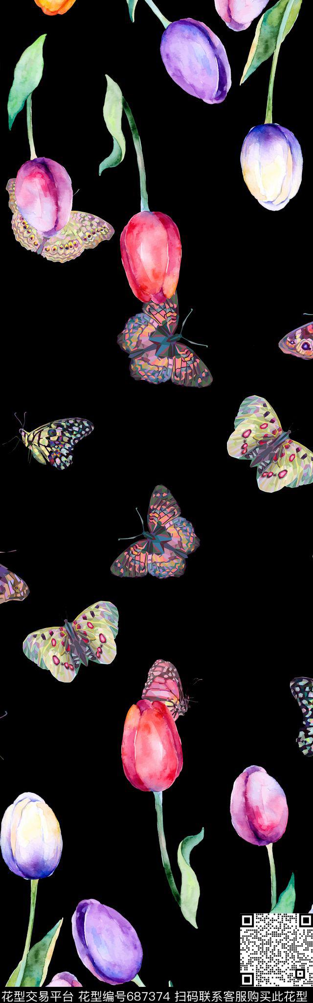 花朵花卉蝴蝶数码印花华亿平台下载（图片编号: 687374） - 瓦栏（Walan）