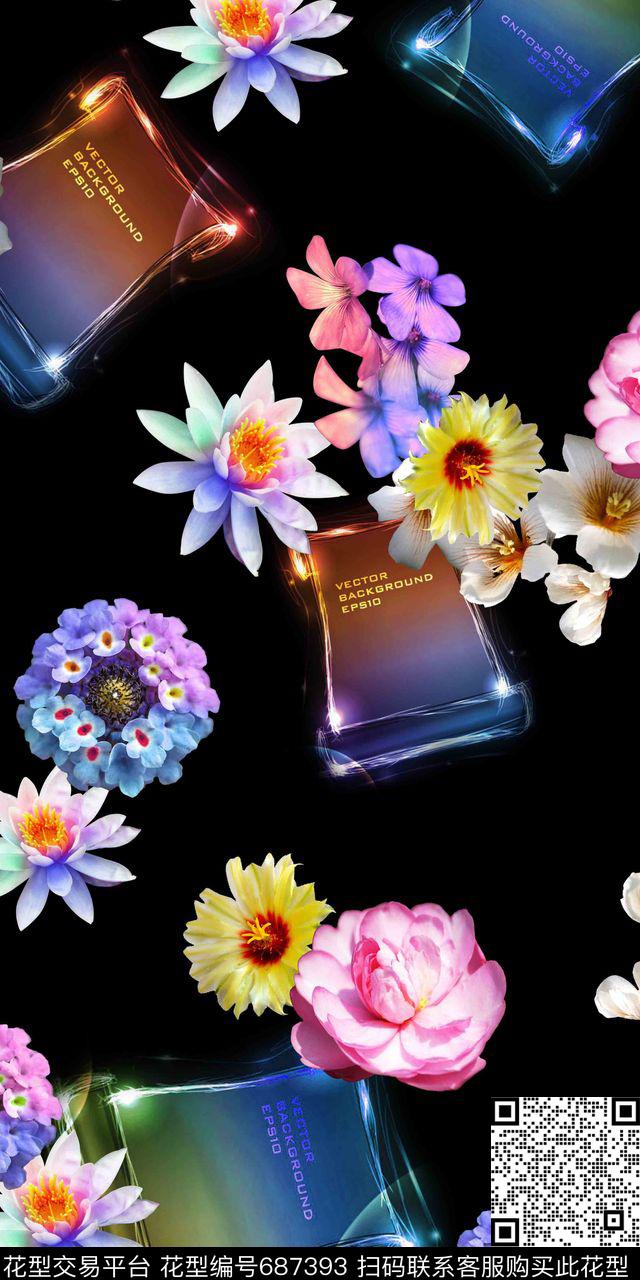 炫光香水瓶荷花数码印花华亿平台下载（图片编号: 687393） - 瓦栏（Walan）