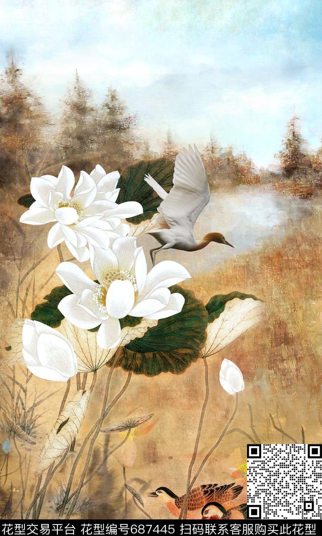 荷花国画白鹭数码印花华亿平台下载（图片编号: 687445） - 瓦栏（Walan）