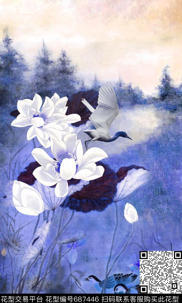 荷花国画白鹭数码印花华亿平台下载（图片编号: 687446） - 瓦栏（Walan）