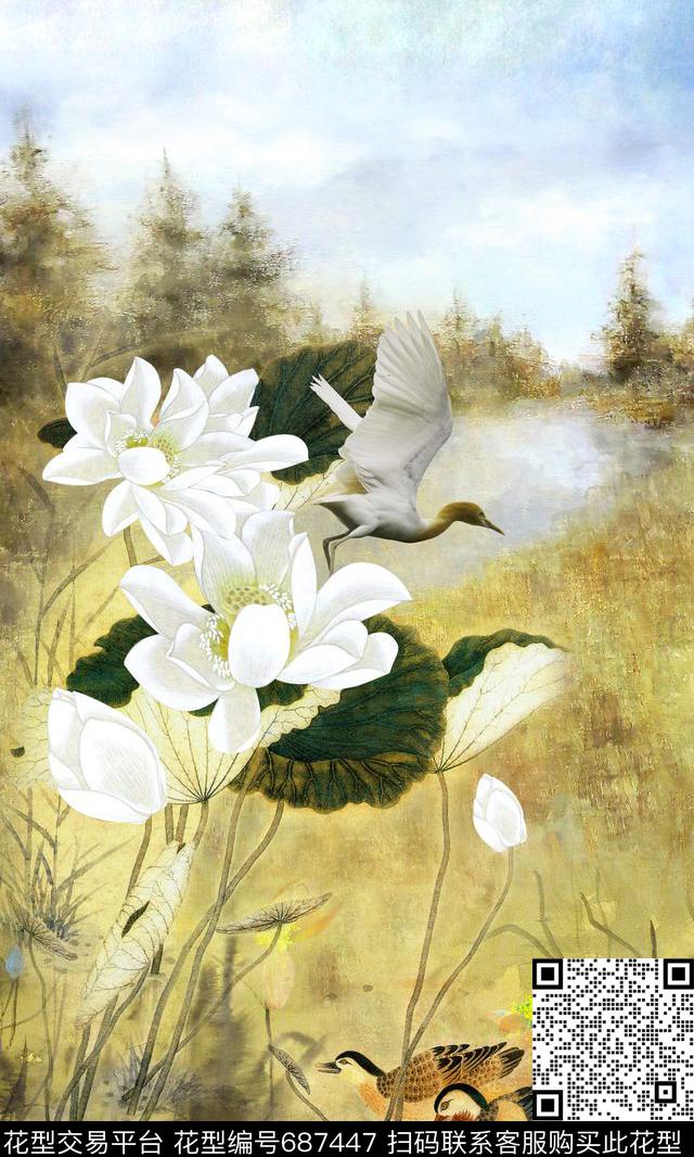 荷花国画白鹭数码印花华亿平台下载（图片编号: 687447） - 瓦栏（Walan）