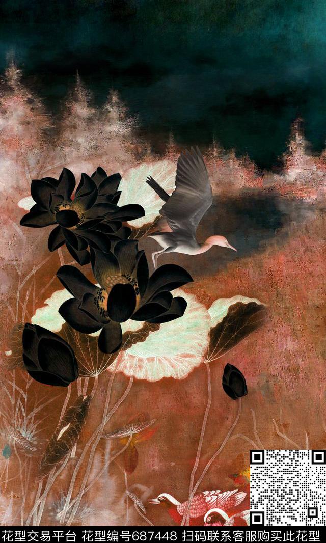 荷花国画白鹭数码印花华亿平台下载（图片编号: 687448） - 瓦栏（Walan）