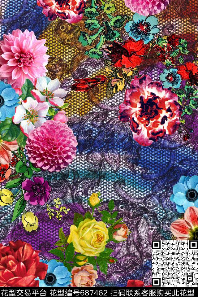 抽象色彩花朵数码印花华亿平台下载（图片编号: 687462） - 瓦栏（Walan）
