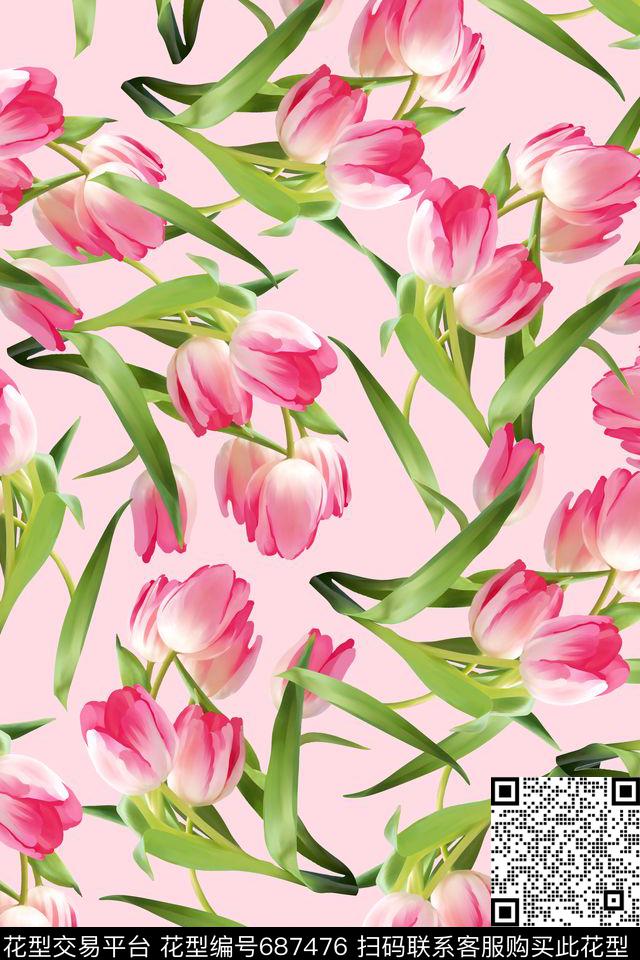 郁金香花卉大花数码印花华亿平台下载（图片编号: 687476） - 瓦栏（Walan）