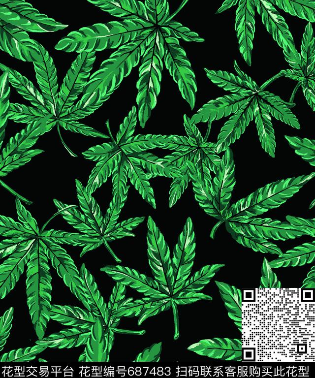 时尚欧美风大吗叶叛逆印花设计传统印花华亿平台下载（图片编号: 687483） - 瓦栏（Walan）