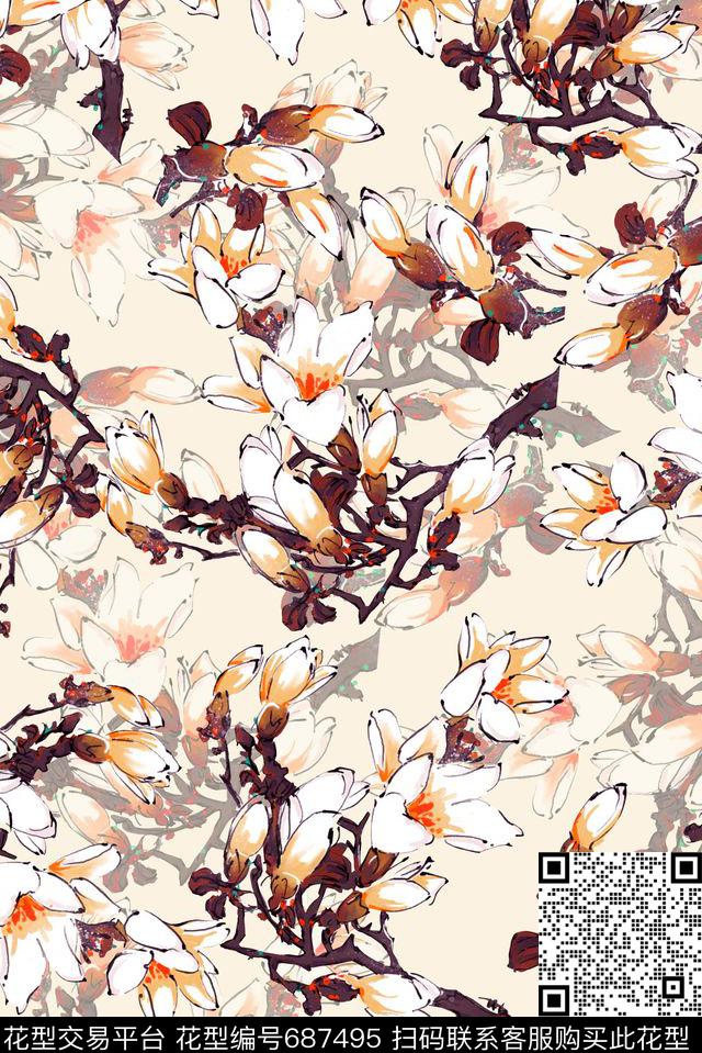 时尚抽象手绘中国风水墨画花卉数码印花旗袍印花数码印花华亿平台下载（图片编号: 687495） - 瓦栏（Walan）