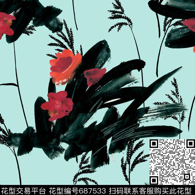 水墨笔触抽象数码印花华亿平台下载（图片编号: 687533） - 瓦栏（Walan）