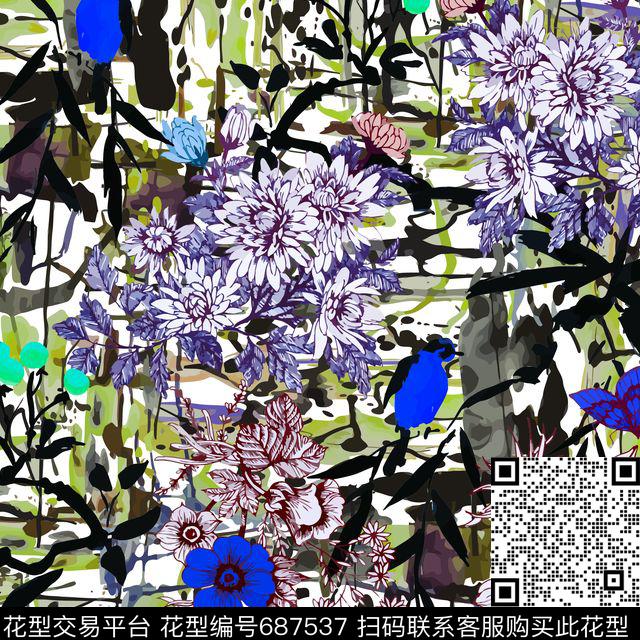 手绘花卉梅花数码印花华亿平台下载（图片编号: 687537） - 瓦栏（Walan）