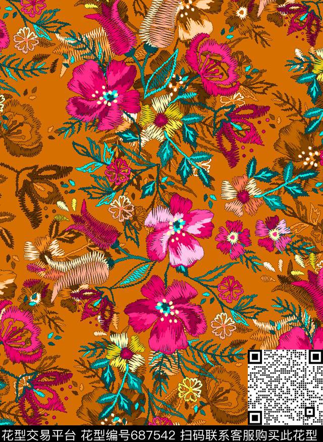 绣花花卉女装旗袍印花欧美大牌印花复古风格数码印花华亿平台下载（图片编号: 687542） - 瓦栏（Walan）