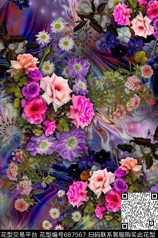 花朵玫瑰花卉数码印花华亿平台下载（图片编号: 687567） - 瓦栏（Walan）