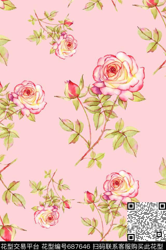 手绘玫瑰花朵数码印花华亿平台下载（图片编号: 687646） - 瓦栏（Walan）