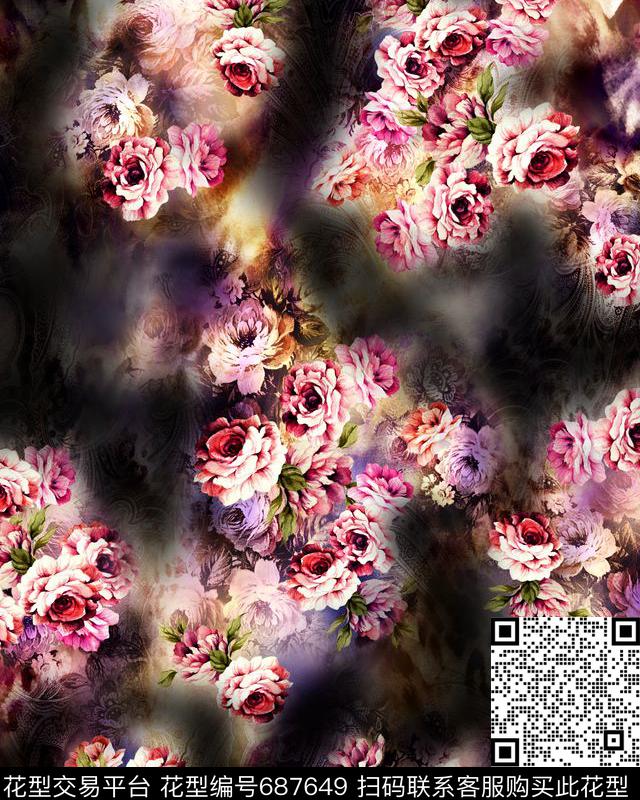 水墨画数码花大气花卉深底数码印花华亿平台下载（图片编号: 687649） - 瓦栏（Walan）