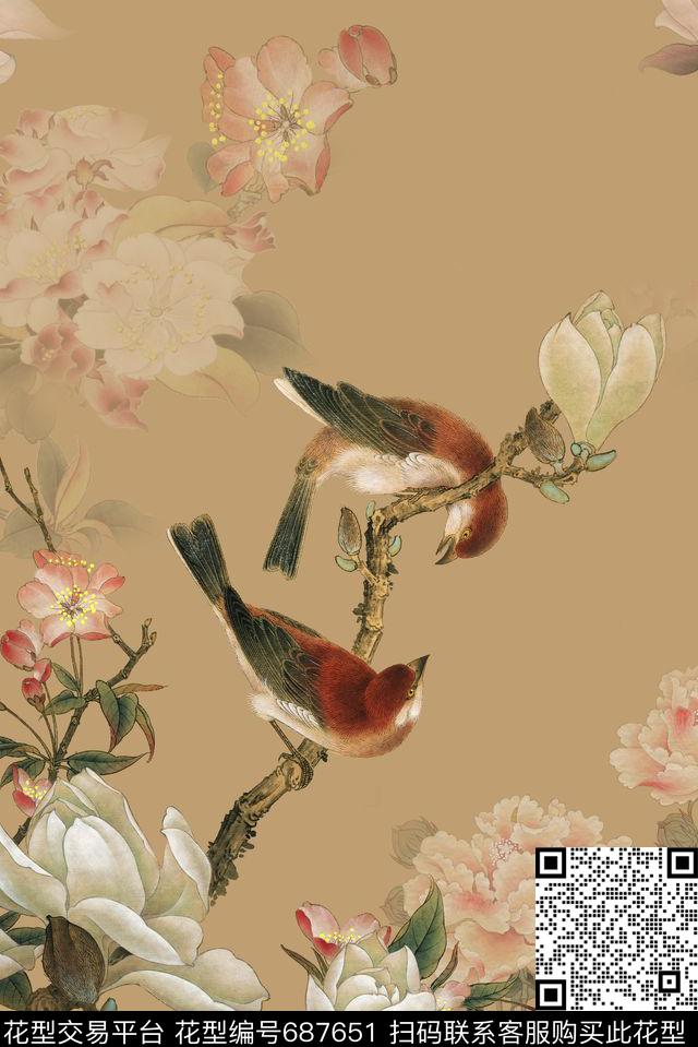花朵花鸟清新数码印花华亿平台下载（图片编号: 687651） - 瓦栏（Walan）