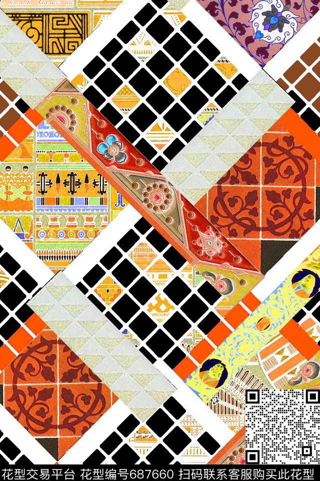 民族风方格部落数码印花华亿平台下载（图片编号: 687660） - 瓦栏（Walan）