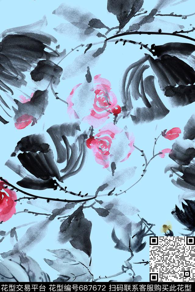 水墨荷叶花卉数码印花华亿平台下载（图片编号: 687672） - 瓦栏（Walan）