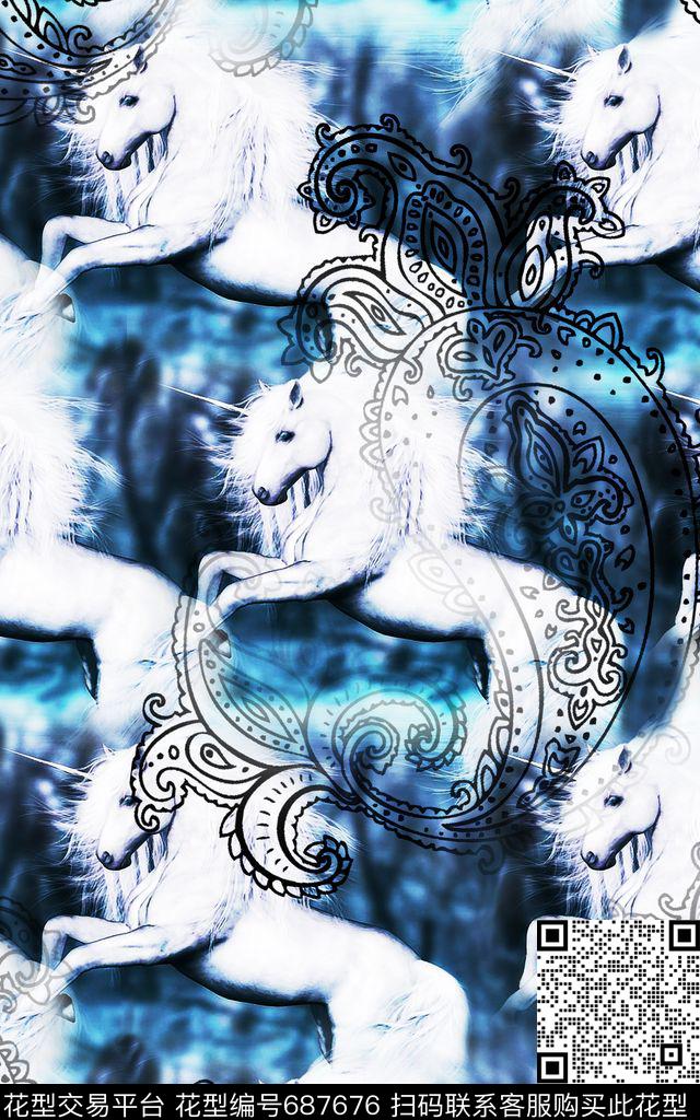 独角兽火腿花腰果花数码印花华亿平台下载（图片编号: 687676） - 瓦栏（Walan）
