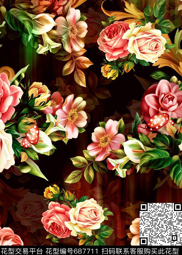 田园风数码艺术花卉花卉组合数码印花华亿平台下载（图片编号: 687711） - 瓦栏（Walan）
