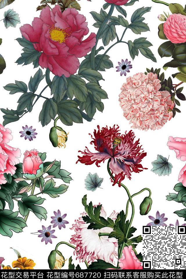 牡丹花朵花卉数码印花华亿平台下载（图片编号: 687720） - 瓦栏（Walan）