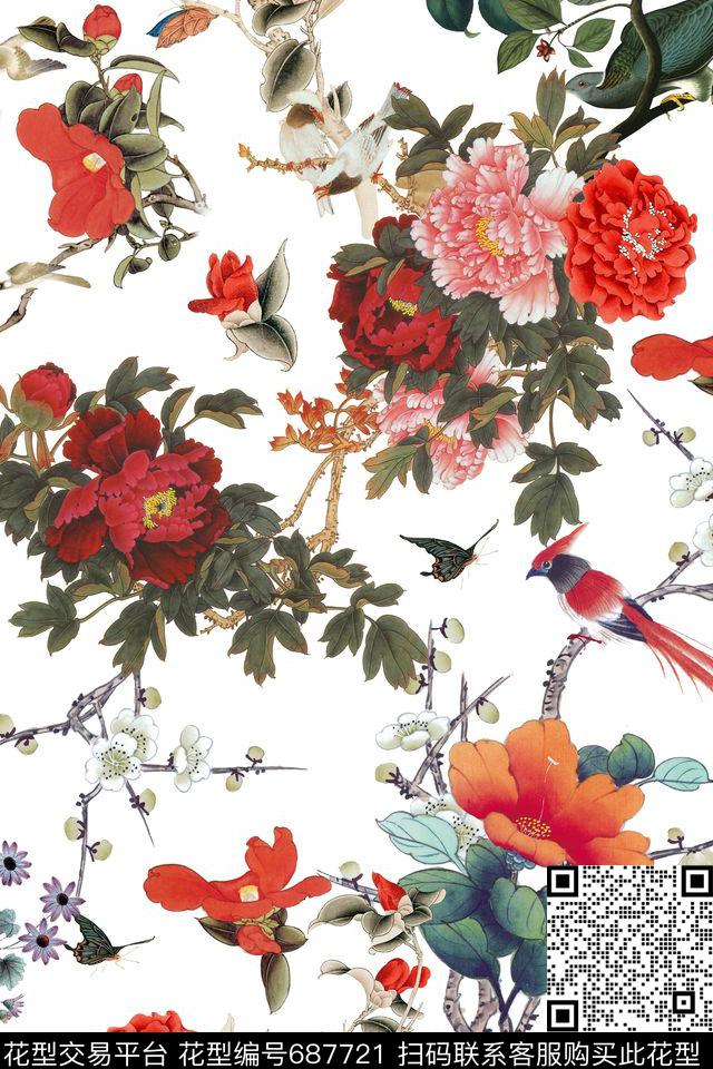 牡丹花鸟花卉数码印花华亿平台下载（图片编号: 687721） - 瓦栏（Walan）