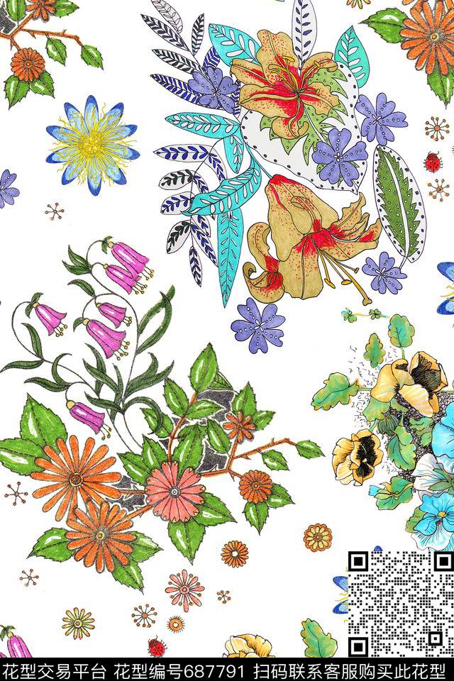 花卉几何插画数码印花华亿平台下载（图片编号: 687791） - 瓦栏（Walan）