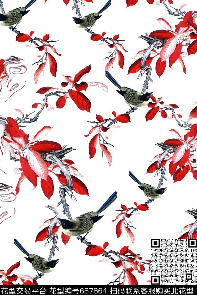 花鸟国画民族风数码印花华亿平台下载（图片编号: 687864） - 瓦栏（Walan）