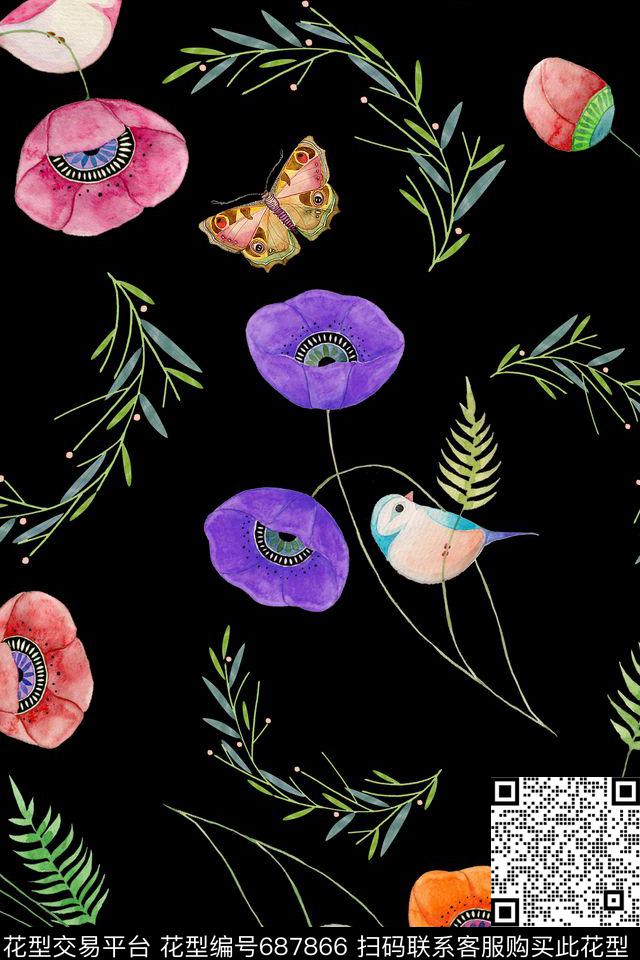 花鸟蝴蝶叶子数码印花华亿平台下载（图片编号: 687866） - 瓦栏（Walan）