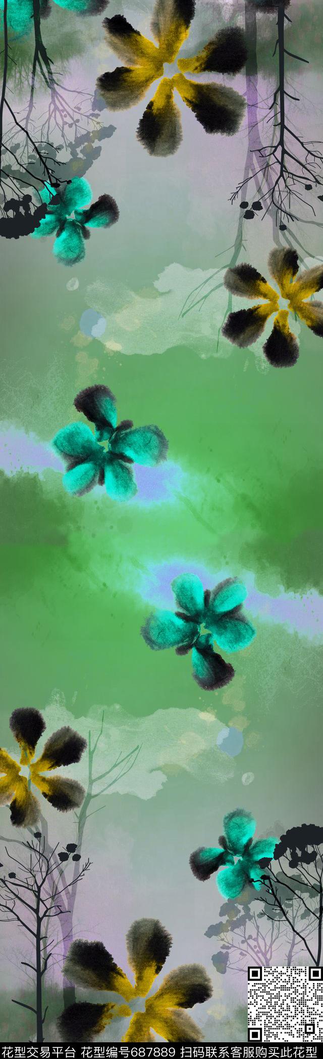 围巾风景花朵数码印花华亿平台下载（图片编号: 687889） - 瓦栏（Walan）