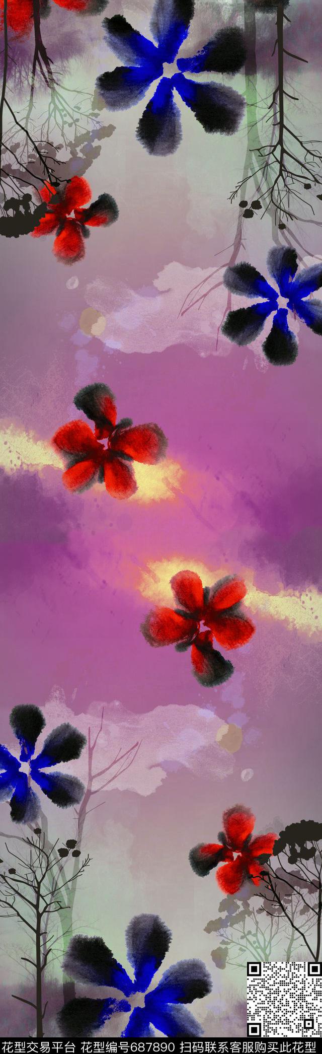 围巾风景花朵数码印花华亿平台下载（图片编号: 687890） - 瓦栏（Walan）