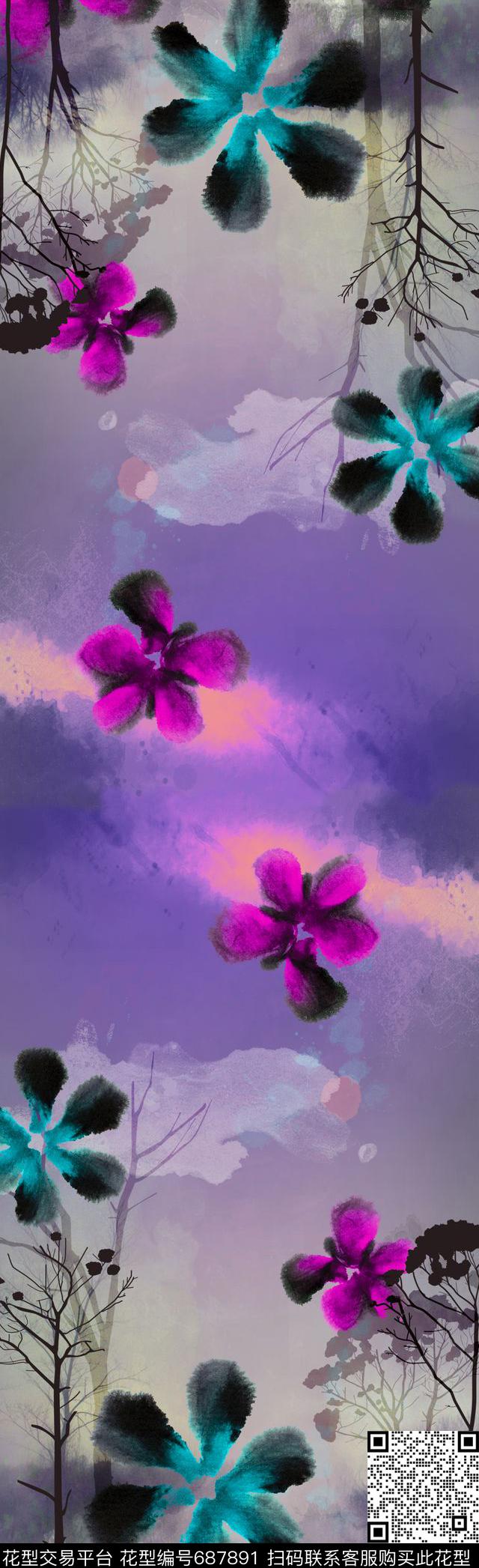 围巾风景花朵数码印花华亿平台下载（图片编号: 687891） - 瓦栏（Walan）