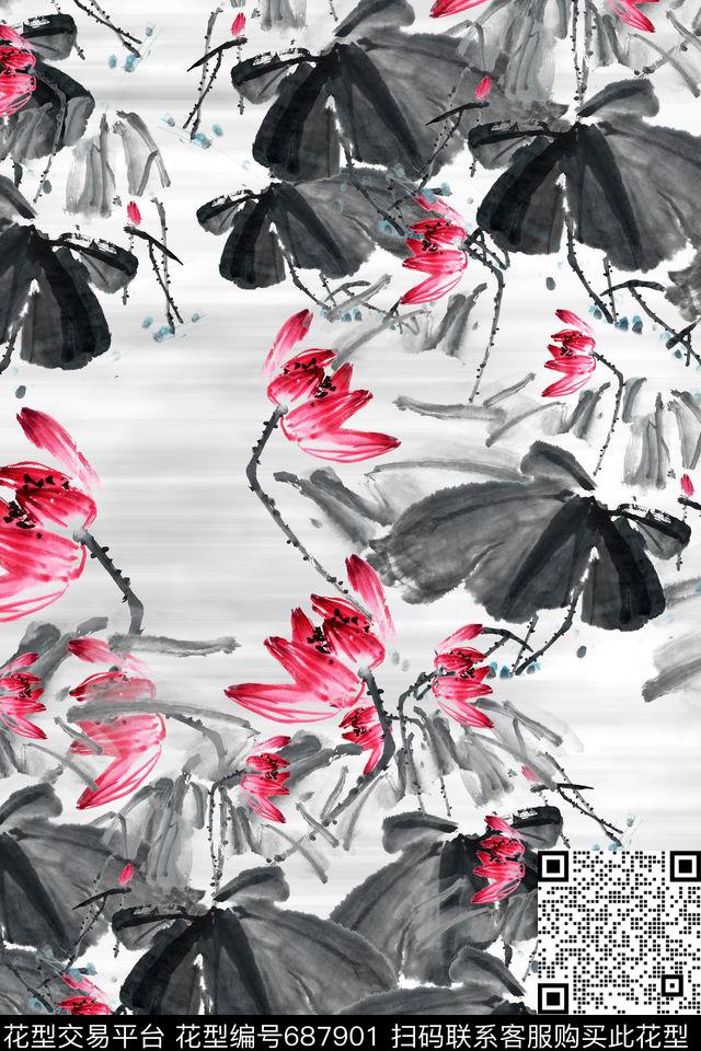 肌理手绘水墨风数码印花华亿平台下载（图片编号: 687901） - 瓦栏（Walan）