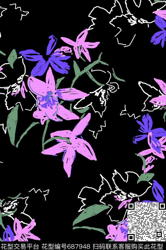 手绘抽象花卉传统印花华亿平台下载（图片编号: 687948） - 瓦栏（Walan）