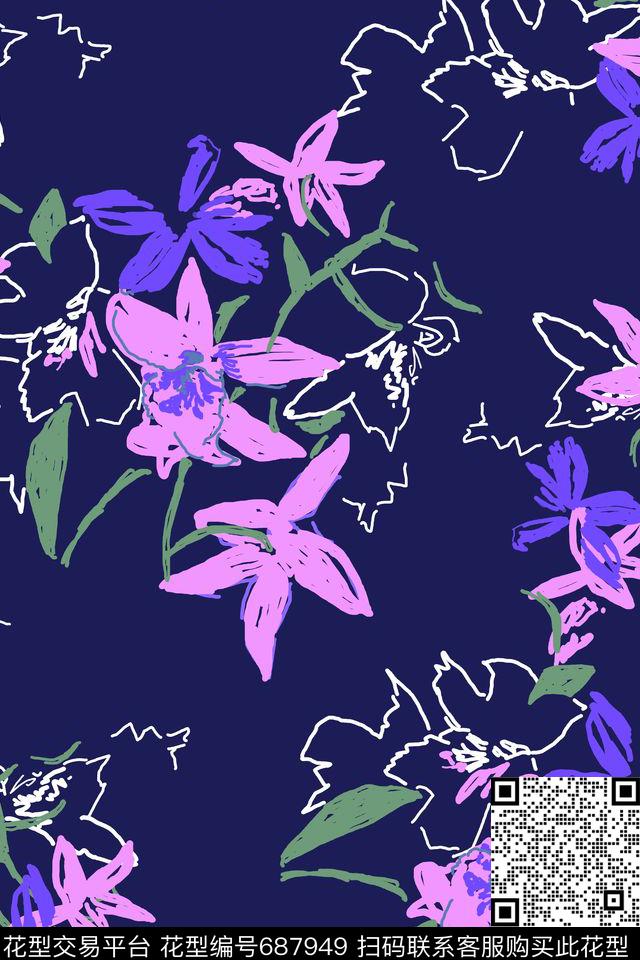 手绘抽象花卉传统印花华亿平台下载（图片编号: 687949） - 瓦栏（Walan）