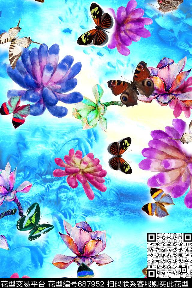 花卉。蝴蝶朦胧底纹数码印花华亿平台下载（图片编号: 687952） - 瓦栏（Walan）