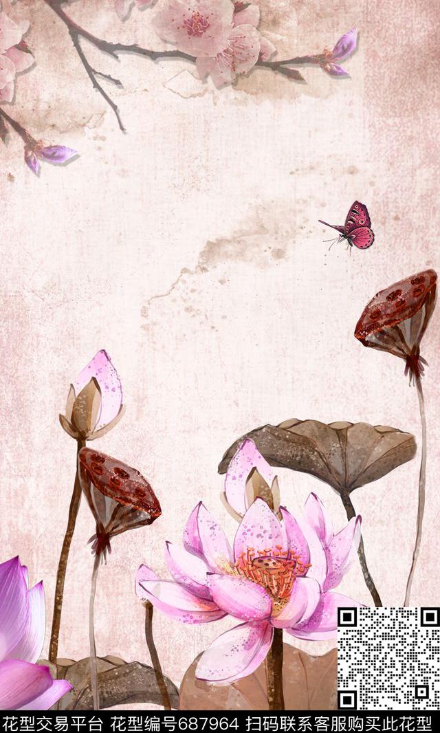 荷花定位旗袍花水墨荷花数码印花华亿平台下载（图片编号: 687964） - 瓦栏（Walan）