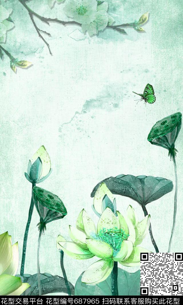荷花定位旗袍花水墨荷花数码印花华亿平台下载（图片编号: 687965） - 瓦栏（Walan）