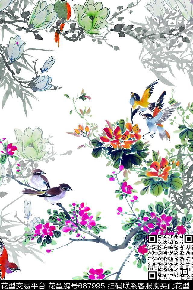 花鸟玉兰花白底数码印花华亿平台下载（图片编号: 687995） - 瓦栏（Walan）