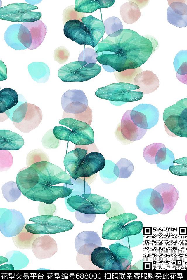 花卉清新中国风荷叶数码印花华亿平台下载（图片编号: 688000） - 瓦栏（Walan）