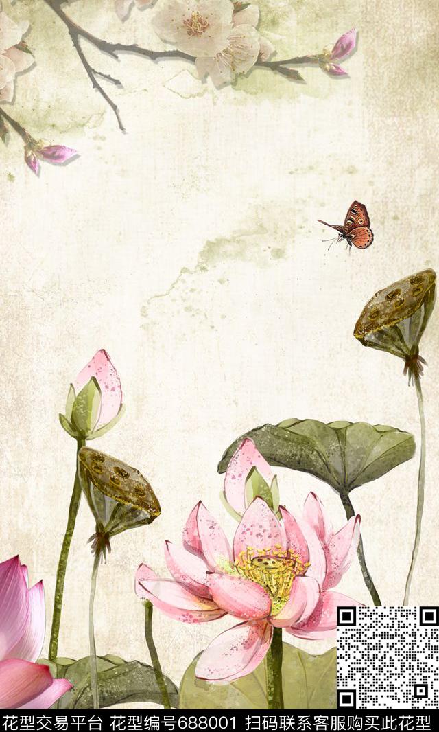 荷花定位旗袍花水墨荷花数码印花华亿平台下载（图片编号: 688001） - 瓦栏（Walan）