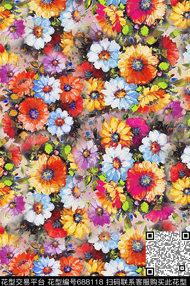 油画花卉流行数码印花华亿平台下载（图片编号: 688118） - 瓦栏（Walan）