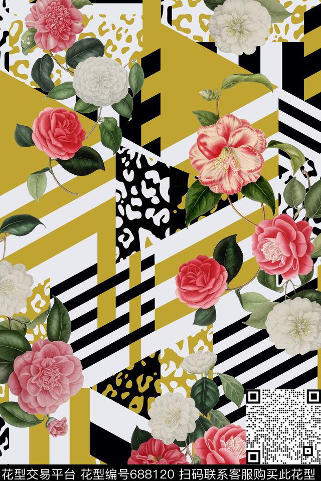 花卉几何山茶花数码印花华亿平台下载（图片编号: 688120） - 瓦栏（Walan）