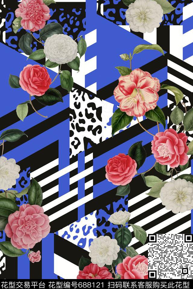 花卉几何山茶花数码印花华亿平台下载（图片编号: 688121） - 瓦栏（Walan）